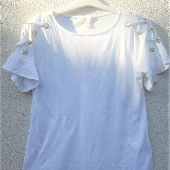 New MICHAEL KORS Small Hits at hip Crew Neckline Ruffle Sleeves White Top - Picture 1 of 4